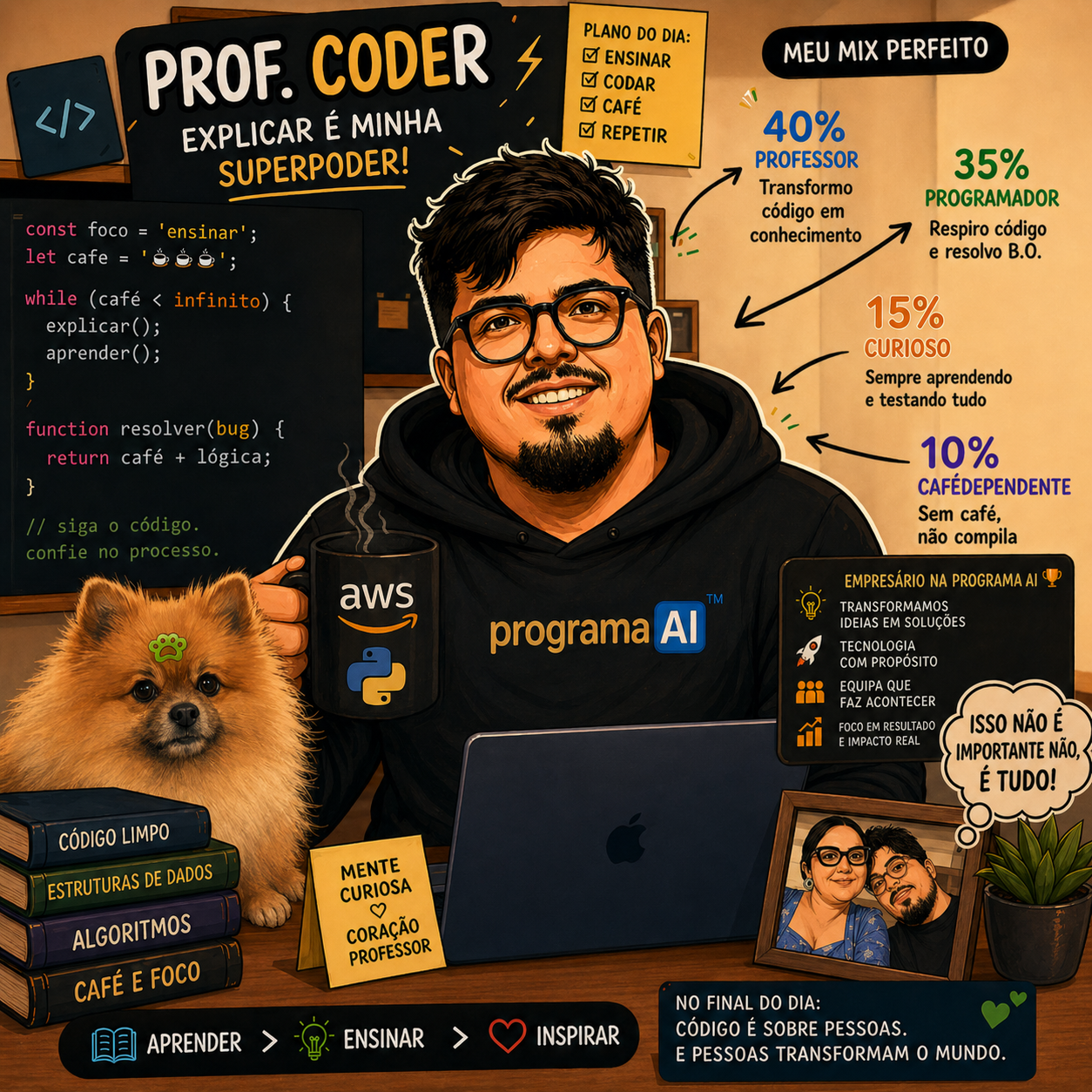 Prof. Coder — explicar é minha superpoder! Ilustração com perfil do Prof. Kelson, mix perfeito (40% professor, 35% programador, 15% curioso, 10% cafédependente), programa AI, livros e laptop