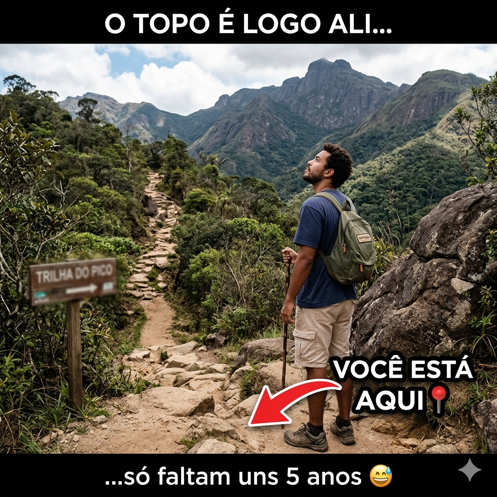 Meme: você está aqui, no começo da jornada — o topo é logo ali, só faltam uns anos