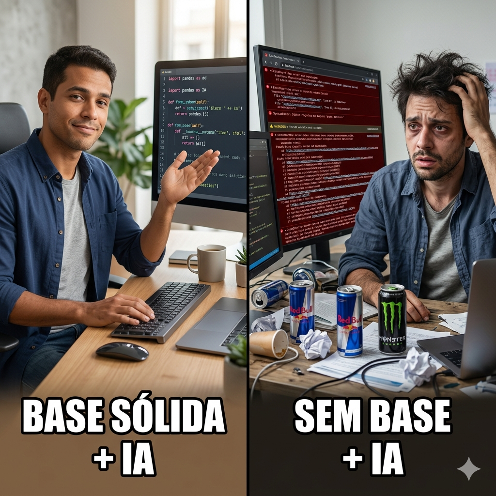 Meme: dev com base sólida + IA vs dev sem base usando IA